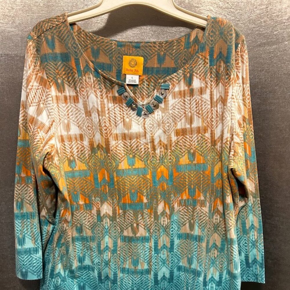 Ruby Rd Plus Size L Women's Top, Embellished scoop neckline Blue and White Shirt